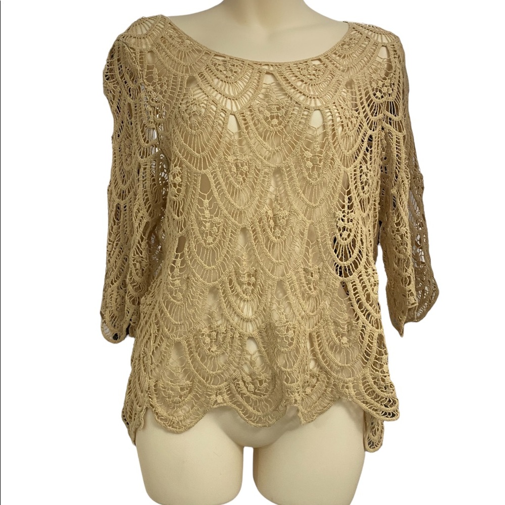 Open Crochet Knit 3/4 Bell Sleeve Boat Neck Scalloped Edge Pullover Sz M